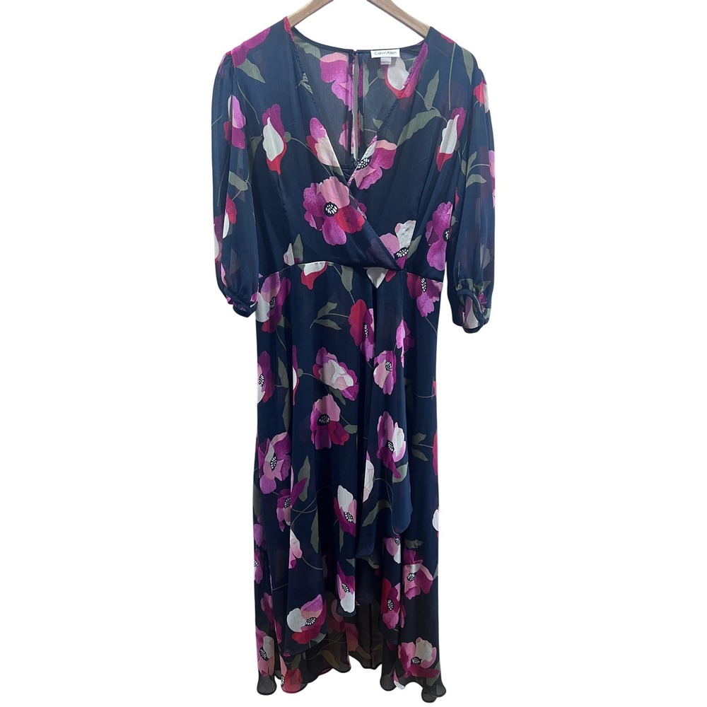 Calvin Klein Floral Chiffon High-Low Midi Dress Navy Pink Faux Wrap 14 Wedding